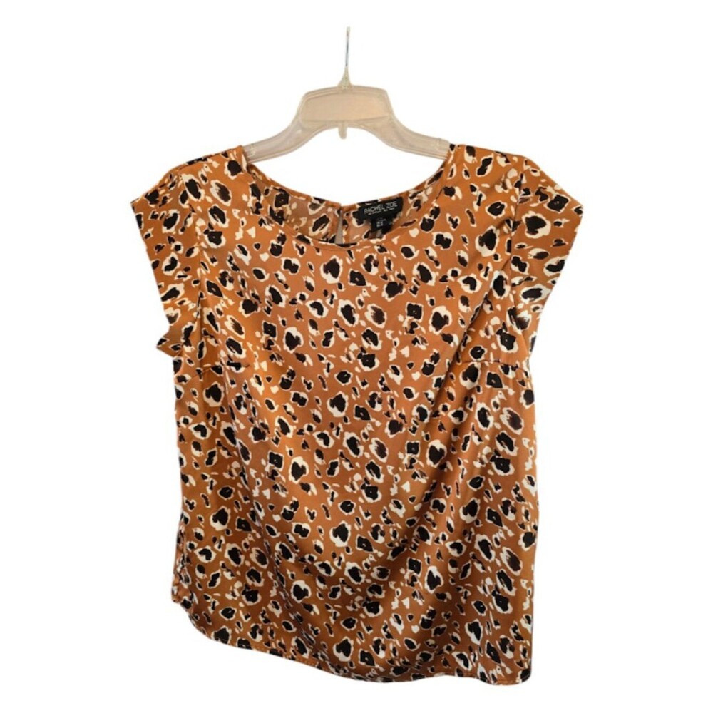 RACHEL ZOE ANIMAL PRINT TOP SIZE MEDIUM TAN DARK BROWN WHITE SHORT SLEEVE
